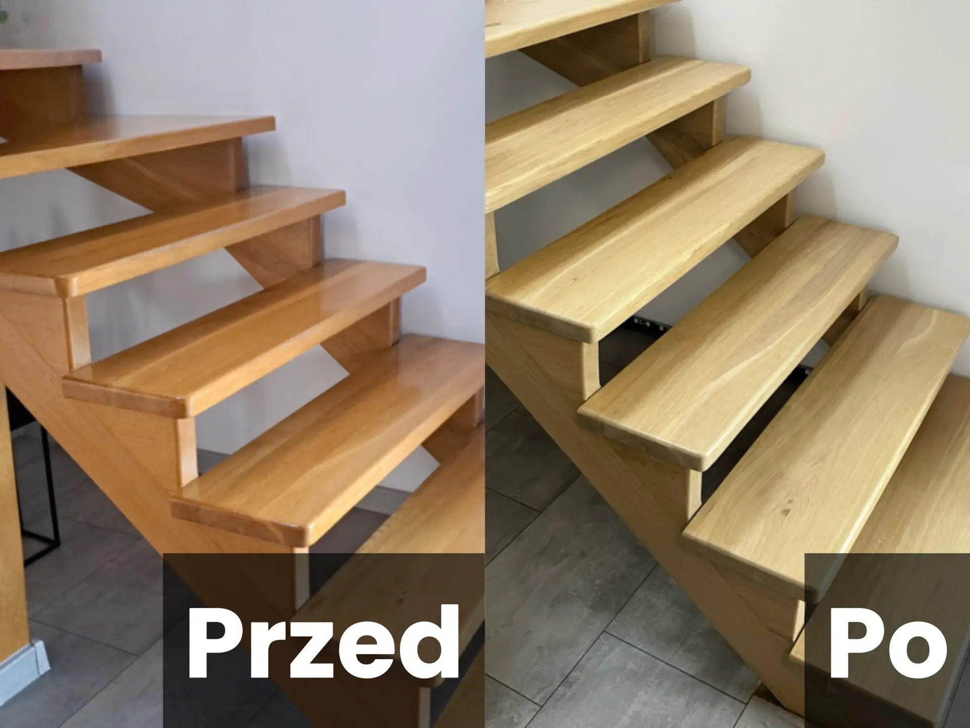 renowacja schodów drewnianych – przed i po szlifowaniu oraz lakierowaniu na naturalny dąb