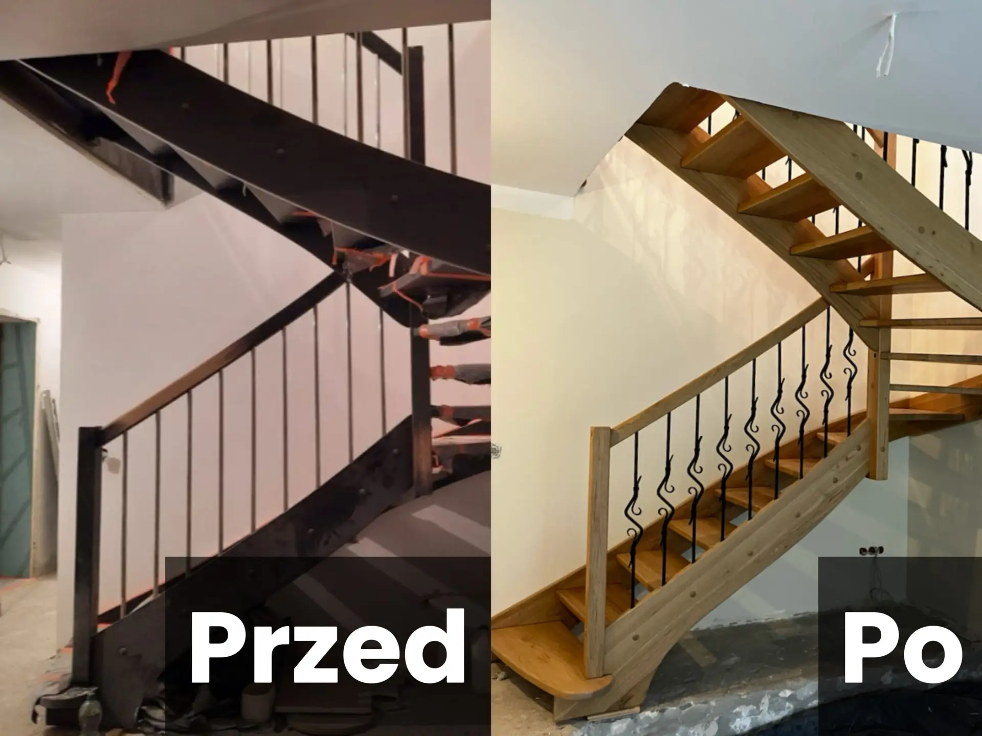 Renowacja schodów drewnianych – cyklinowanie i odnowienie konstrukcji, wymiana koloru i balustrady. Porównanie przed i po